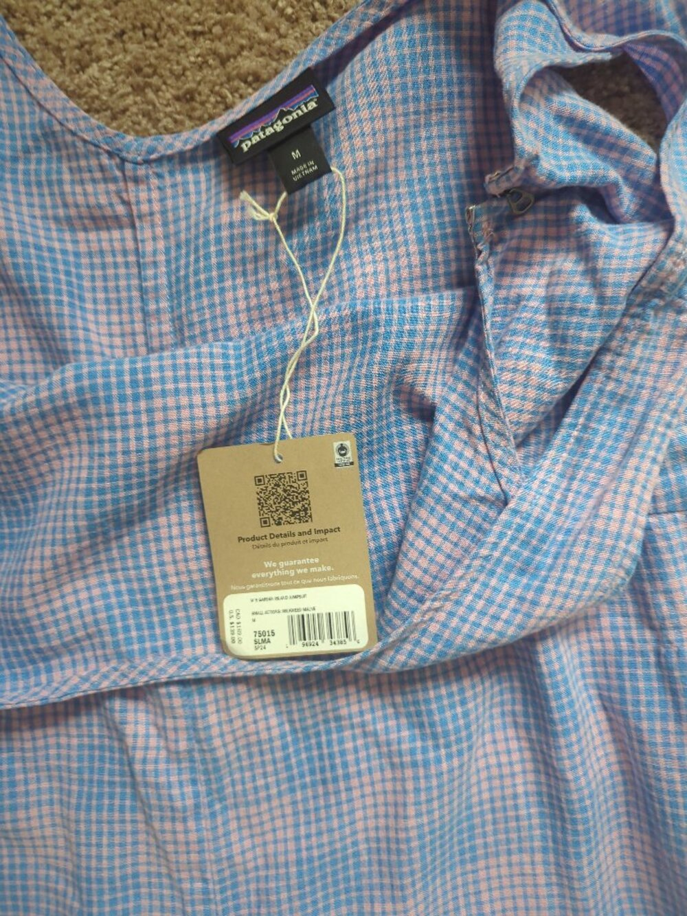 Patagonia Garden Island Blue Pink Plaid Jumpsuit Medium - Picture 6 of 12